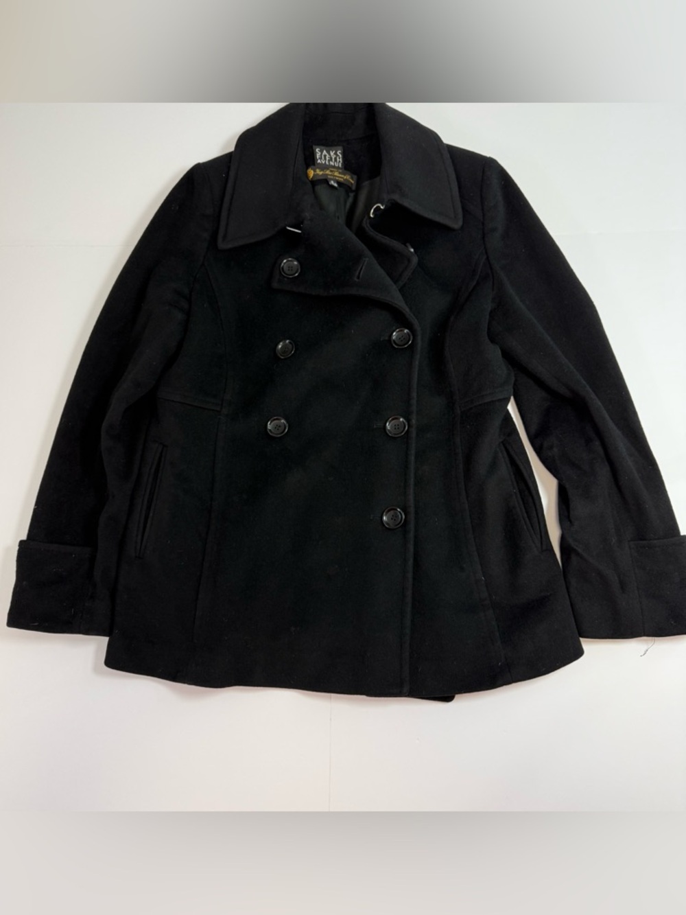 Saks Fifth Avenue Black Double-Breasted Wool Pea Coat 100% wool